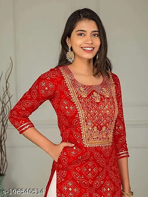 Red viscose rayon straight kameez kurta set women's wear