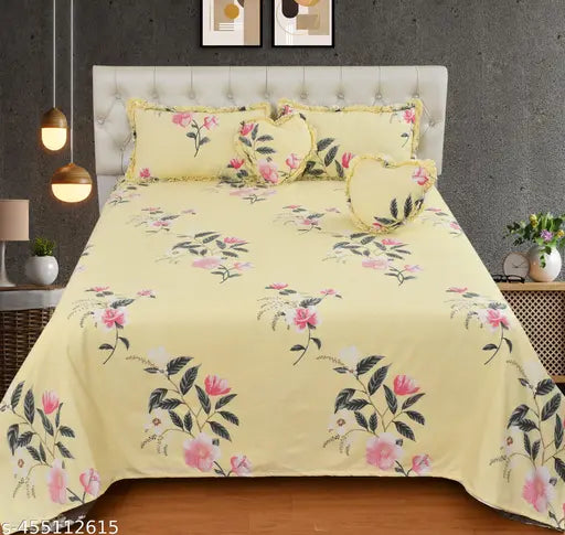 Multicolor floral cotton king size bedsheet set with decorative frill pillow covers & heart-shaped cushions (LCF)
