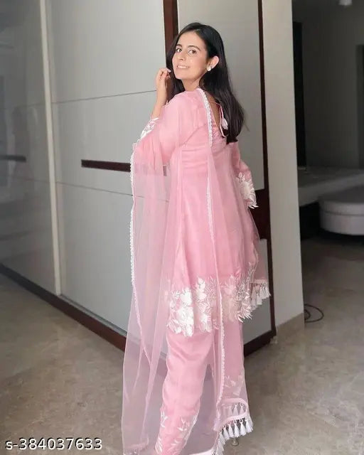 Pink peach cotton kameez kurti with pajama, dupatta, fashionable, designer