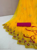 Embroidered super net sari with separate dupion silk blouse, intricate mirror work and cutwork border, yellow, off-white, black, sky blue, stil gray, Indian origin