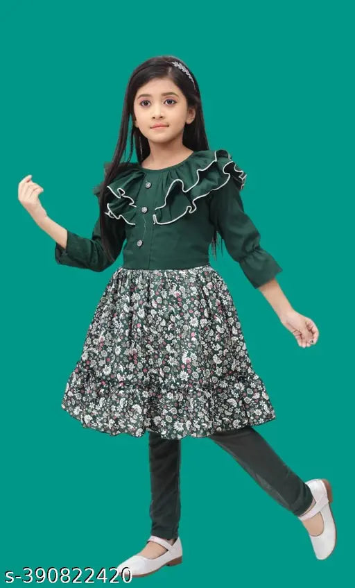 Kids girls printed crepe frock with leggings set, knee length, three-quarter sleeves - Indian party wear for 4-11 year olds