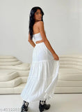 White, ruffled long skirt with long hem, casual style