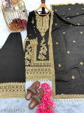 Black embroidered salwar kameez set, silk fabric, intricate gold detailing.