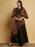 Black rayon saree with green print, long skirt length