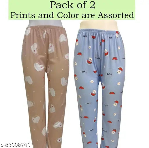 Two-pack women's cotton track pants with lower multicolor designs and colorful patterns