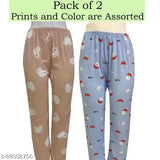 Two-pack women's cotton track pants with lower multicolor designs and colorful patterns