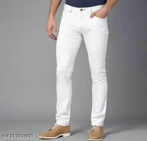 Men's white denim jeans, solid pattern, multiple sizes available (28-44)