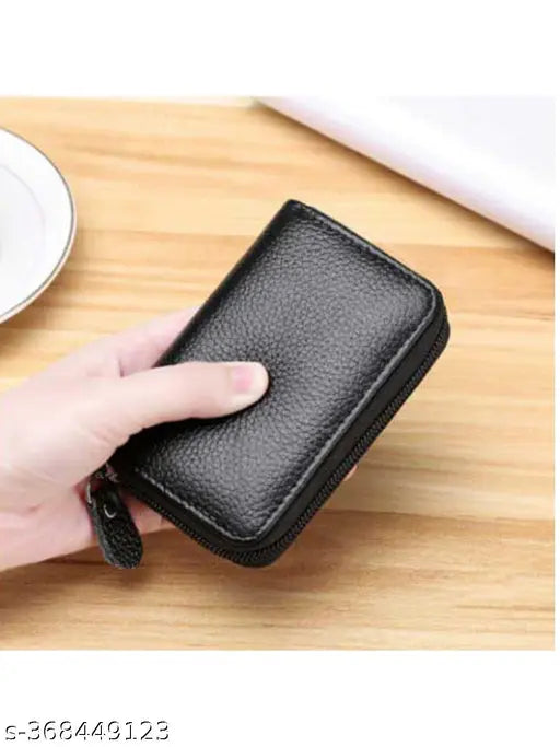 Dark black leather card holder, high quality PU material with 5 compartments, perfect for storing 10 cards