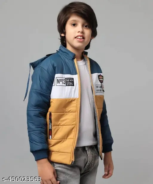 Boys jacket, mustard yellow and blue with white trim, zip closure, hoodie