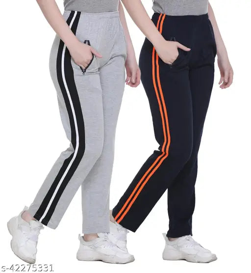 Women's solid color trackpants, navy blue with orange stripe, casual sleepwear