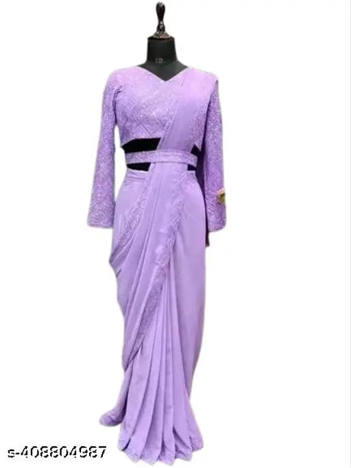 Georgette saree with lavender color and embroidery, belted at waist