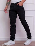 Black stretchable denim jeans for men, slim fit with 2 front and back pockets. Solid black, mid-rise, and comfortable wear. Size options: 28", 30", 32". Made in India