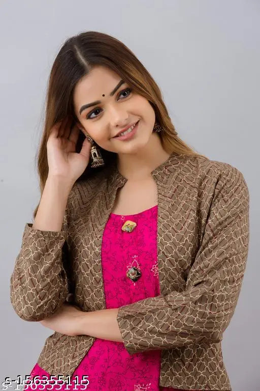 Pink rayon Anarkali kurta with jacket, printed combo, festive traditional wear