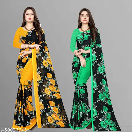 Set of 2 Georgette sarees, each with a matching blouse piece. Features vibrant paisley prints and flared bottoms