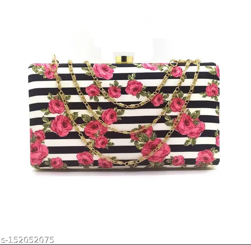 Stylish printed clutch purse for weddings, with pink roses and black and white stripes, featuring a gold chain