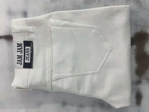 Men's slim fit cotton blend jeans, white, versatile and comfortable for casual or semi-formal occasions. Modern design enhances silhouette. High-quality fabric provides all-day comfort. Pair with a solid color t-shirt or stylish shirt for an effortless, trendsetting look. Sizes: 26 (Waist Size: 28 in, Length Size: 38 in), 30 (Waist Size: 30 in, Length Size: 38 in), 32 (Waist Size: 32 in, Length Size: 38 in), 34, 36. Made in India