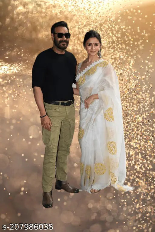 White Georgette saree with mirror work embroidery, free size, India-made