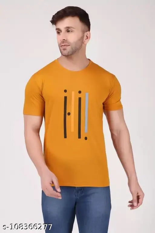 Men's mustard striped polyester half sleeve printed T-shirt, trendy casual wear in regular fit