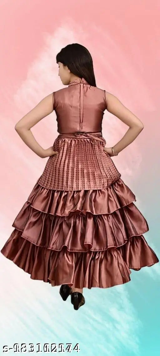 Pink silk blend embroidered full-length party dress, high quality for girls aged 3-12 years. Checked net pattern, soft on skin, ideal for celebrations and outings. Made in India