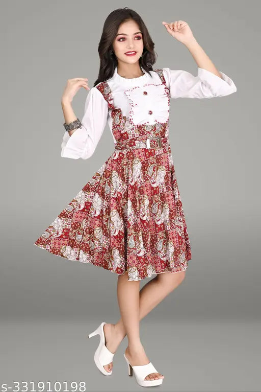 Western style dress, red and black floral pattern, 34 sleeve, knee length