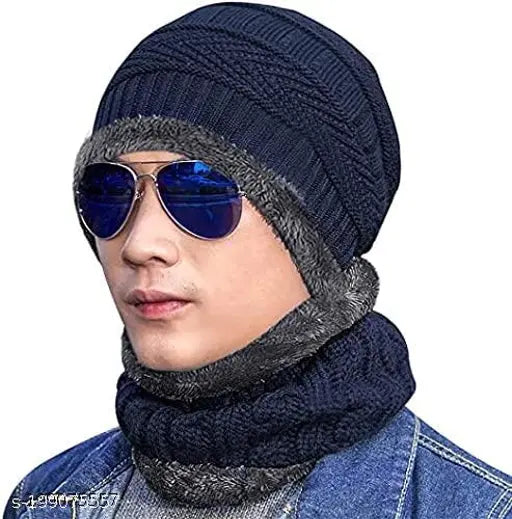 Blue wool beanie set, pack of 2 from India (topa fur pattern)