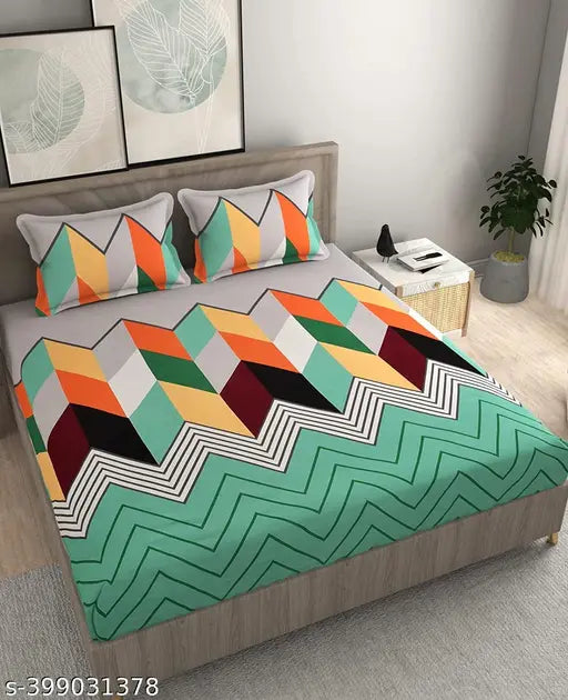 Blue geometric print microfiber fitted king size bedsheet & 2 pillow covers, elevating summer comfort