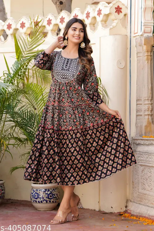 Black rayon embroidered flared anarkali kurta for women, three-quarter sleeves, printed design