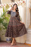 Black rayon embroidered flared anarkali kurta for women, three-quarter sleeves, printed design