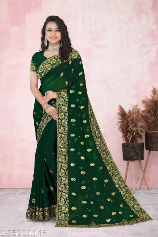 Womens green embroidered saree