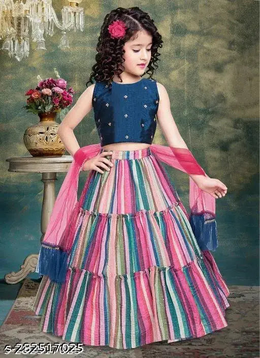 Art Silk printed lehenga, Chanderi silk embroidered choli with net dupatta, Indian traditional wear for girls aged 2-14 years