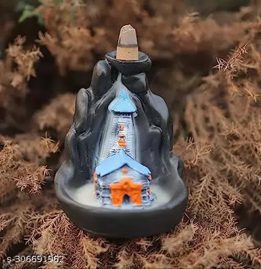 Handcrafted resin polyresin Mahadev Kedarnath miniature temple incense holder, smoke fountain backflow with 10 free smoke cones