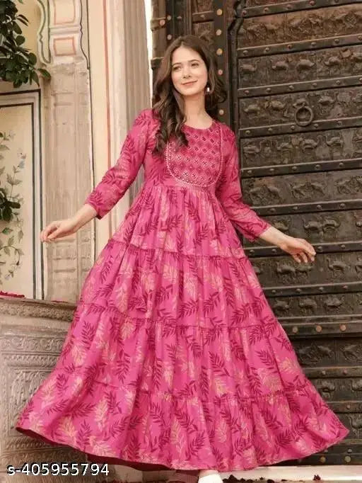 Embroidered rayon Anarkali Kurta with three-quarter sleeves, printed combo. Close-up on vibrant embroidery detail, S to XXXL sizes available. Indian handcrafted attire