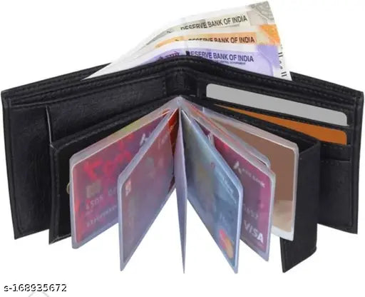 Men's black Alбом PU or leatherette wallet, durable with 3 card slots, 2 secret compartments, and coin pocket. High-quality genuine leather design