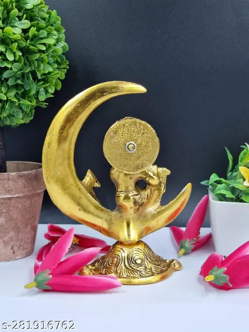 Gold-plated Krishna idol on moon playing flute, decorative office showpiece for Diwali and Janmashtami Puja. Dimensions: 5 x 6 inches