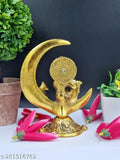 Gold-plated Krishna idol on moon playing flute, decorative office showpiece for Diwali and Janmashtami Puja. Dimensions: 5 x 6 inches