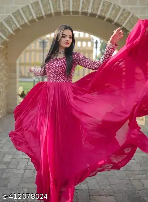 Embroidered Georgette Anarkali Gown, sequin detail, long sleeves, full flare wedding dress from India