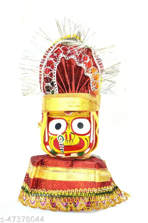 Neem wood Hindu god idol: Lord Jagannath, Balaram, Subhadra in Singhara Vesa (4in/10cm), traditional Poshak dress & Mukut