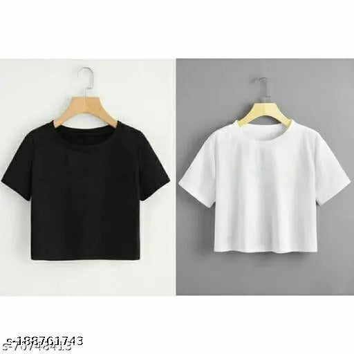 Women's crop T-shirt (pack of 2) - short sleeve solid cotton blend t-shirts for fashionable ladies, India origin