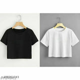 Women's crop T-shirt (pack of 2) - short sleeve solid cotton blend t-shirts for fashionable ladies, India origin