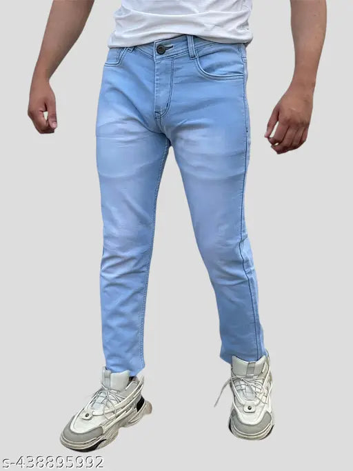 Light blue distressed denim jeans for men
