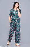 Teal blue printed rayon night suit set for women, Rayon fabric pyjamas with short sleeves and matching design