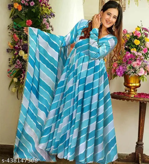 Sky Blue Georgette Striped Maxi Kurta Dupatta Set, traditional Indian wedding/party attire, perfect for Babyshower or Bollywood photoshoots