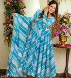 Sky Blue Georgette Striped Maxi Kurta Dupatta Set, traditional Indian wedding/party attire, perfect for Babyshower or Bollywood photoshoots