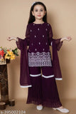 Purple embroidered sharara set with dupatta (Georgette fabric, A-line top, knee-length, long sleeves), for kids aged 3-12 years. Indian handcrafted sequin outfit on display