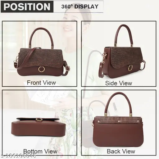 A brown purse with gold accents and a front pocket