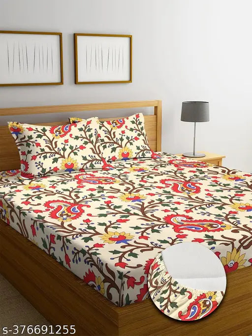 Luxurious new floral double king premium glace cotton fitted bedsheets with 2 pillow covers, 230TC supersoft & all-around elastic, ideal for summer