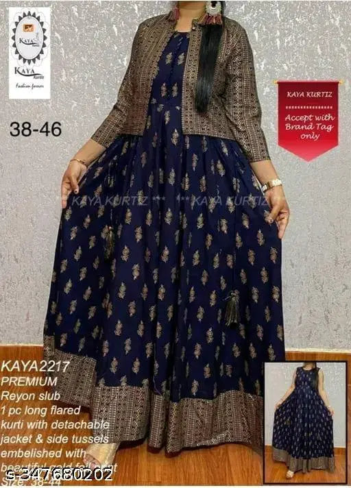 Rayon slub long flared kurti with jacket, black