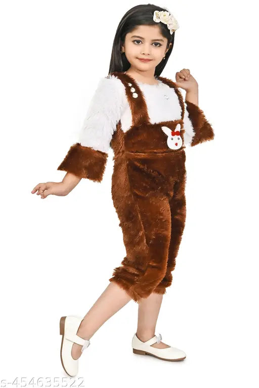 Luxurious brown woolen jumpsuit with matching hat for girls (12-18 Months), warm and cozy winter wear with bunny motif