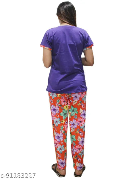 Matelco womens printed cotton nightsuit set with short sleeves, country of origin: India