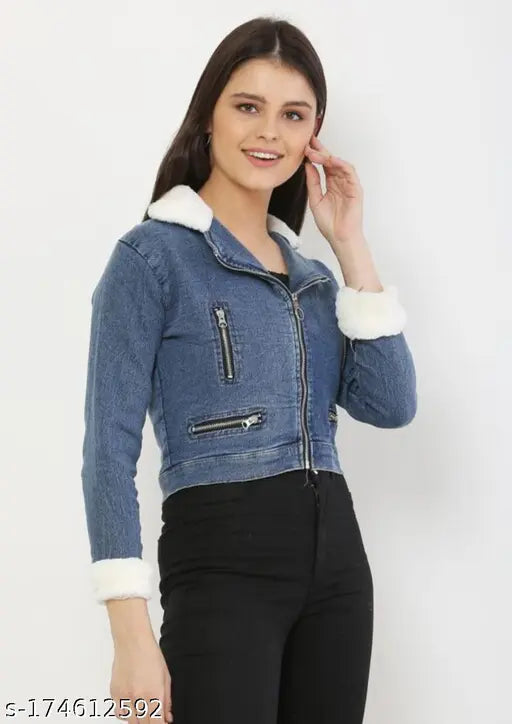 Denim, solid-colored long sleeve denim jacket, Indian-made stylish patch jecket XS or S size with 32/34 inch bust and 24 inch length
